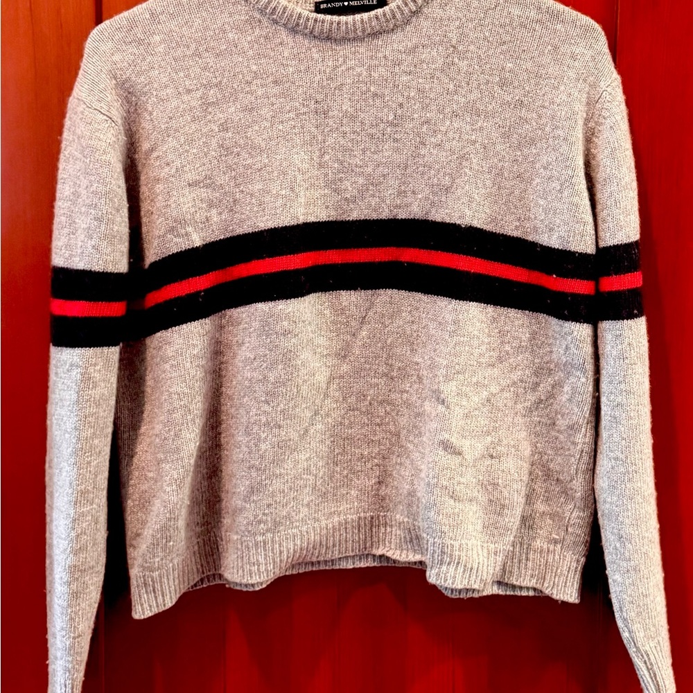 Brandy Melville Gray Sweater with Navy and Red Stripes